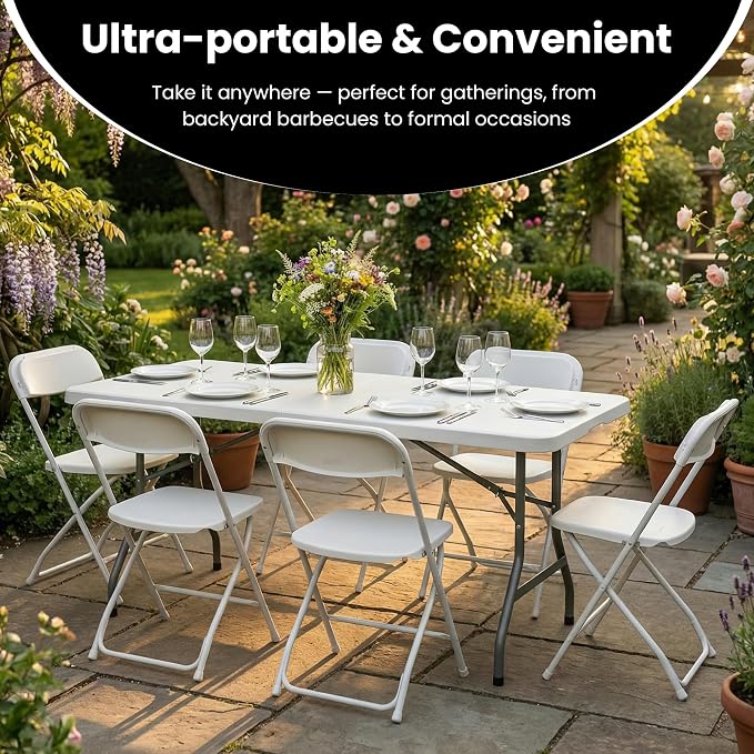 6 Foot Plastic Folding Table with Built in Handle & Steel Legs, 6 FT Portable Heavy Duty Plastic Folding Tables for Parties, Dining, Wedding, Events, Picnic, Indoor & Outdoor, Camping, Utility