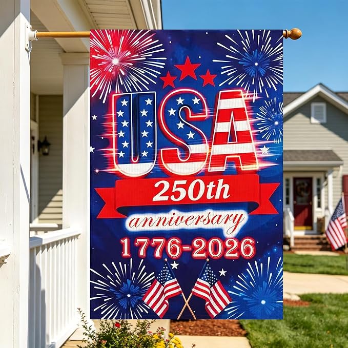 250 Anniversary Usa Garden Flags for Outside, 250 Anniversary USA Flag 1776-2026 Commemorative Patriotic Yard Sign Outdoor Firework Design Banner 4th of July Decorations Double Sided Waterproof 250 Year American Flag 28x40 Inch