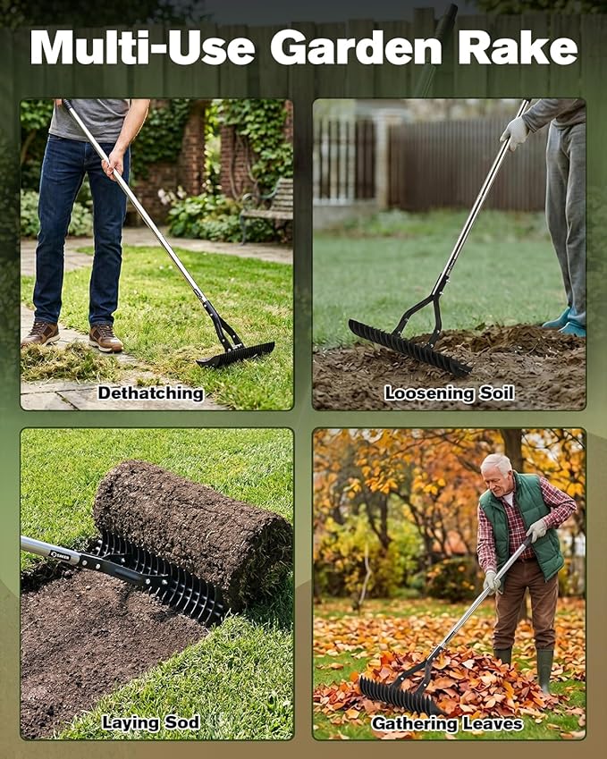 Saker Thatch Rake for Lawn Dethatching, 15" Heavy Duty Thatching Rake with 71" Adjustable Long Handle, 19 Dual-Side Steel Tines, Metal Turf Rake for Grass, Soil, Yard & Garden Lawn Care