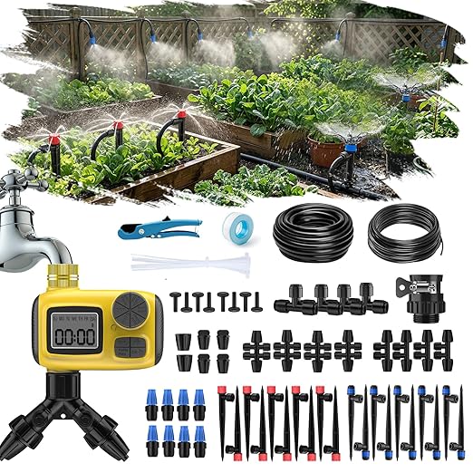 165FT Drip Irrigation System with Timer, Automatic DIY Garden Watering Kit with 1/2" & 1/4" Tubing, Solid Brass Connectors & Adjustable Sprayers for Plants, Garden, Lawn, Greenhouse, Raised Beds
