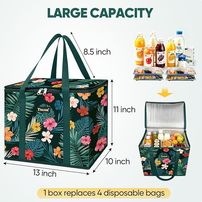 BALEINE 1Pk Insulated Reusable Grocery Bags, Foldable Shopping Bags for Groceries with Reinforced Bottom & Handles (Blossom Season)