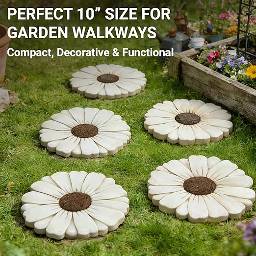 2 Pack Daisy Cement Stepping Stones 10 Inch, Heavy Duty Garden Pathway Stones, Non Slip Outdoor Walkway Decor for Yard Patio Lawn, Weather Resistant Cement Stepping Stones (White)