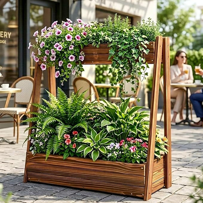 2-Tier Elevated Raised Garden Bed, 36" H Fir Wood Planter Box with 23" Large Growing Space, Drainage Holes & Non-Woven Liner, Outdoor Flower Bed & Herb Garden Planter for Patio Balcony Backyard