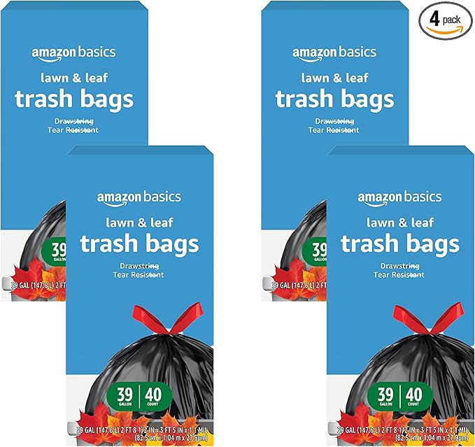 Amazon Basics Lawn & Leaf Drawstring Trash Bags,39 Gallon,40 Count (Pack of 4)