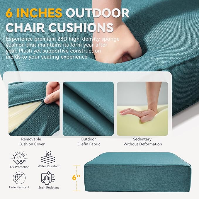 Outdoor Cushion Set for Patio Furniture, UV Resistant, Water Resistant - 6 Inch Thick Dual Layer Back Support Cushions– 24x24 Inch Patio Seat Covers for Chair/Sofa/Couch | Peacock Green | 6-Pack |