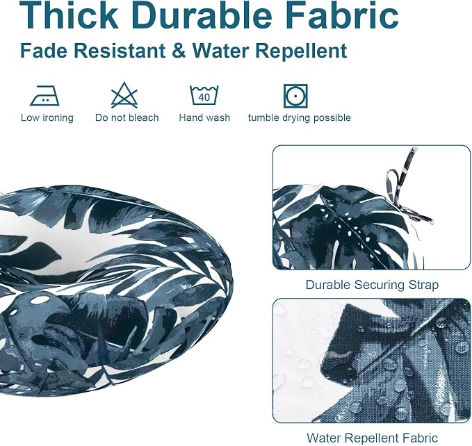 DYTXIII Set of 2 Outdoor Round Chair Cushions 15"x15"x4" with Ties, Water Repellent Tufted Bistro Seat Cushions, Thick Patio Chair Pads for Bar Stool, Garden & Dining Furniture - Palm Blue
