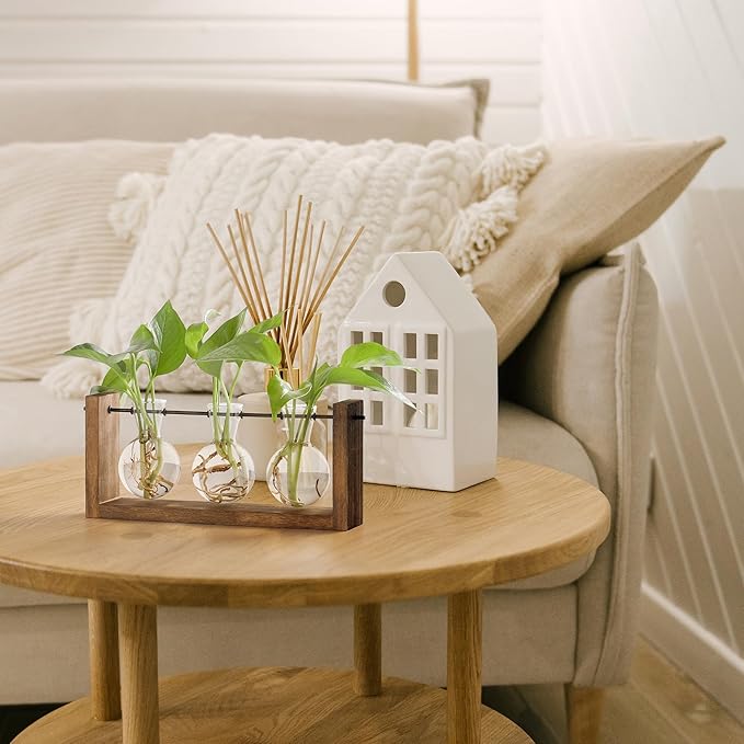 YIBOT Wall Hanging Planter Propagation Station 3 Bulb Glass Flower Vase | Plant Terrarium with Wooden Stand, Hydroponics Plants, Bathroom, Home Office Living Room Decor Gift