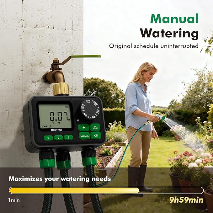 RESTMO Sprinkler Timer for Outdoor Hose Faucet 3 Zone, Up to 11h59m Programmable Watering Timer for Soaker Hose, Misting with Brass Inlet & Large Dial, Rain Delay/Manual/Automatic Irrigation System