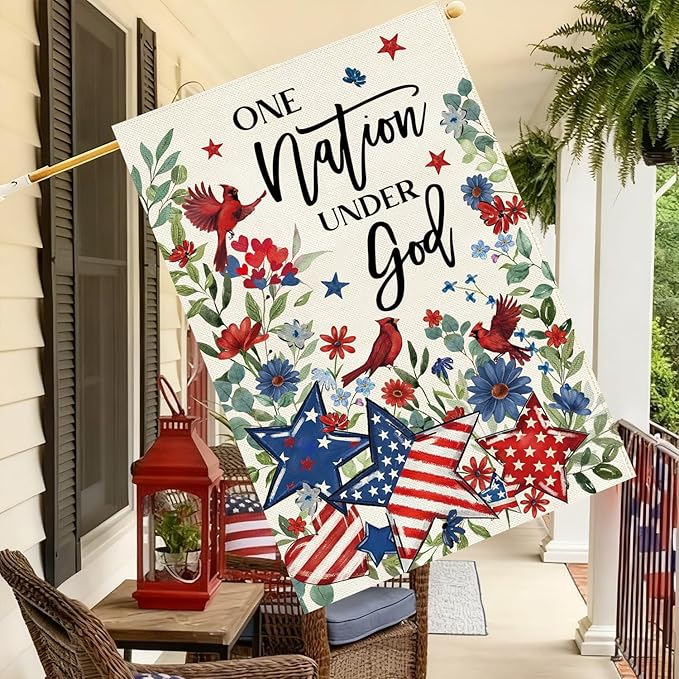 Baccessor 4th of July Cardinal House Flag 28 x 40 Inch Double Sided Burlap,the One Nation Under God Patriotic Memorial Day American Summer Yard Holiday Seasonal Outdoor Outside Decoration