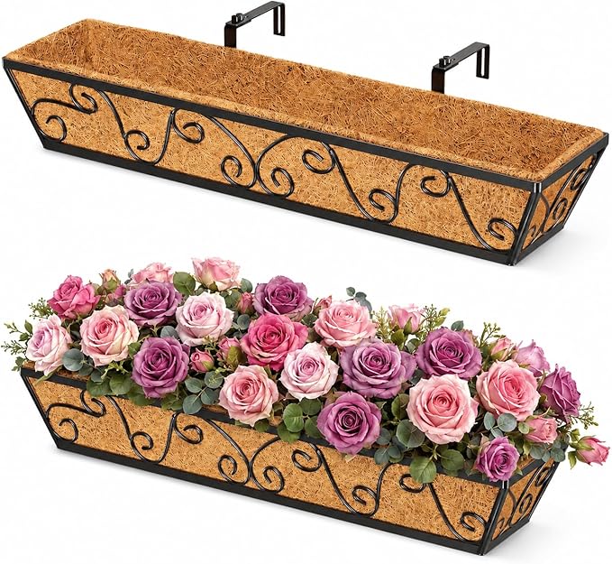2PCS 30 Inch Railing Planter with Adjustable Brackets, Window Box with Coco Liner, Hanging Flower Box for Balcony Deck Fence, Metal, Black