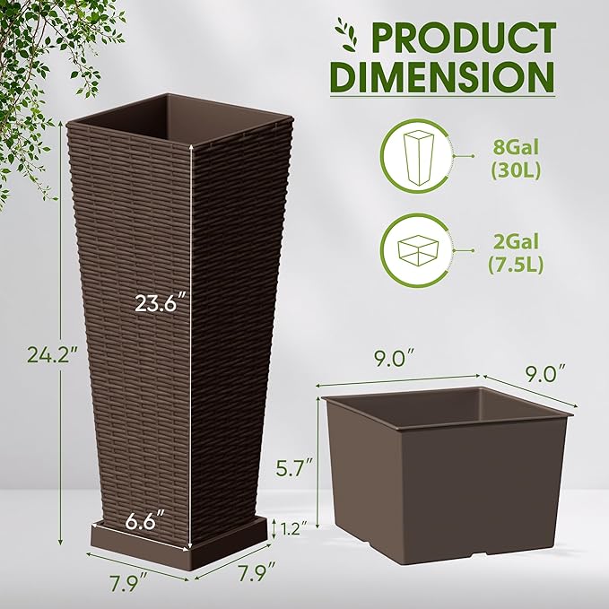 Devoko Resin Tall Planters for Outdoor Plants Set of 2, Large Taper Outdoor Planter Pots with 4 Drainage Holes, Flower Pots Modern Decor for Porch, Patio, Backyard, Garden(Brown, 23.6" with Trays)