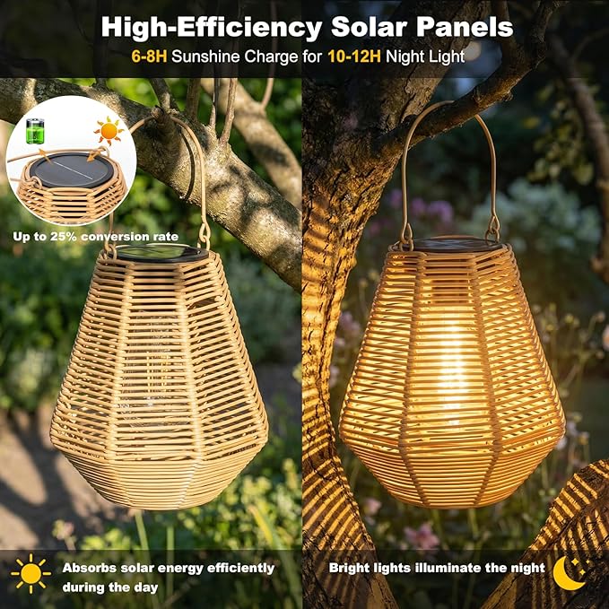 Solar Lanterns, 2 Pack Rattan Hanging Lights Solar Lanterns Outdoor Waterproof Outside Solar Lamp for Garden Patio Yard Porch Pathway Table Decor Decorative Birthday Gifts for Mom Grandma