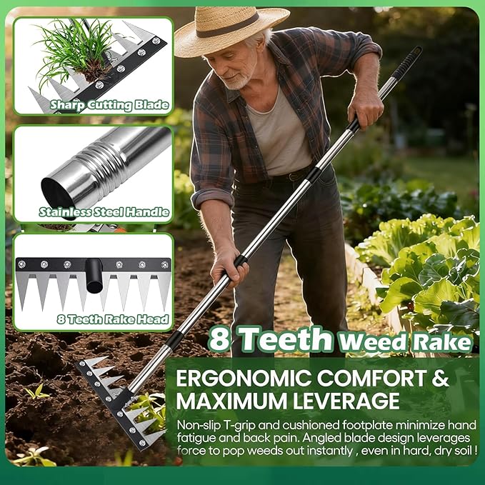 Weed Puller Tool with Long Handle, 60" Manual Weeder Remover Tool, 2 in 1 Hand Weed Rake and Garden Hoe for Gardening, Uprooting Weeding Tool for Yard, Lawn, Patio, Garden