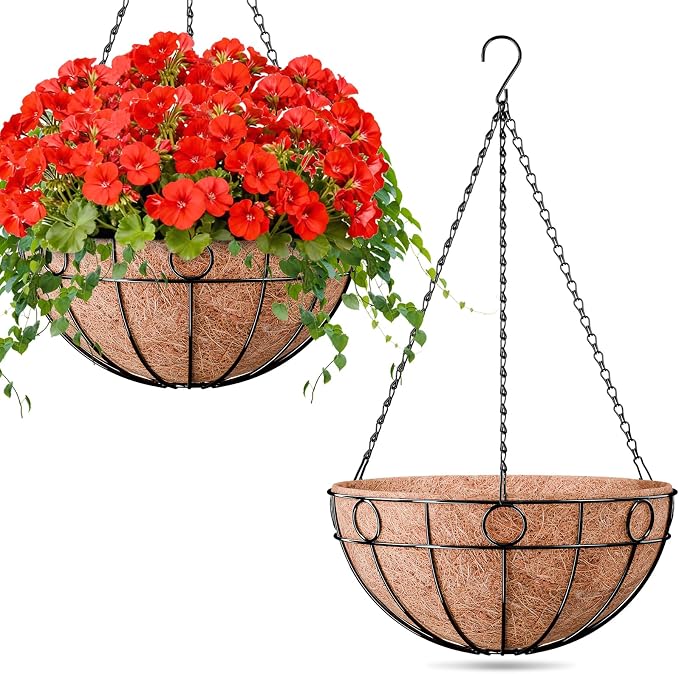 ZeeDix 16 Inch Large Hanging Baskets for Plants Outdoor, 2 Pack Round Metal Wire Planter Basket with Coco Coir Liner, Hanging Flower Pots for Garden Yard Patio Porch Balcony Decor