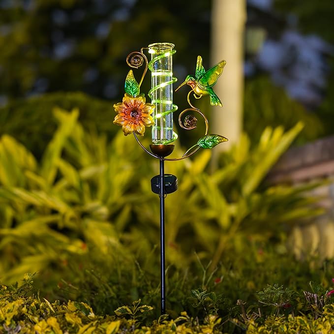 Rain Gauge Outdoor, Solar Rain Gauges for Yard, Hummingbird Freeze Proof Rain Gauge with 7" Plastic Tube, Metal Decorative Water Gauge with Led Light