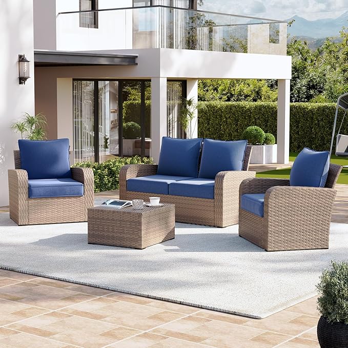 Aoxun Replacement Cushions for Outdoor Furniture, 4-Piece Outdoor Cushions for Patio Furniture, Deep Seat, Waterproof & Fade Resistant Couch Cushion for 4-Seat Patio Conversation Sets, Navy Blue