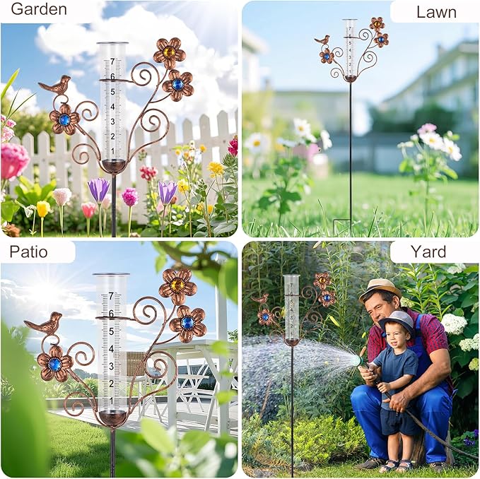 Rain Gauge Outdoor - Decorative Bird Rain Gauges for Yard Garden Decor, 7 Inch Metal Rain Gauges for Measuring Precipitation, Patio, Garden Yard Decor