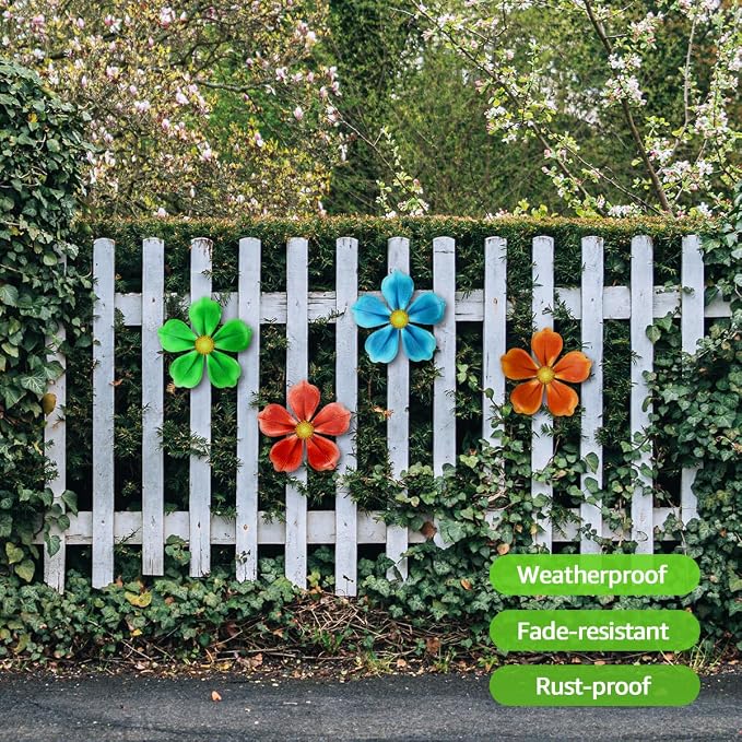 Giyyomtr Metal Flowers Wall Decor - 4pcs Metal Wall Art Hanging Decorations for Outdoor Fence Garden Yard Patio Exterior Wall Decor