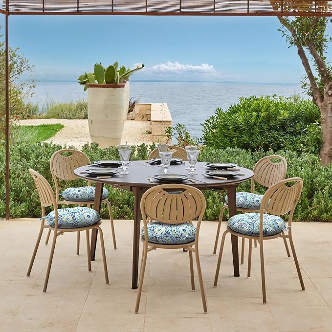 DYTXIII Set of 2 Outdoor Round Chair Cushions 15"x15"x4" with Ties, Water Repellent Tufted Bistro Seat Cushions, Thick Patio Chair Pads for Bar Stool, Garden & Dining Furniture - Blue Lagoon