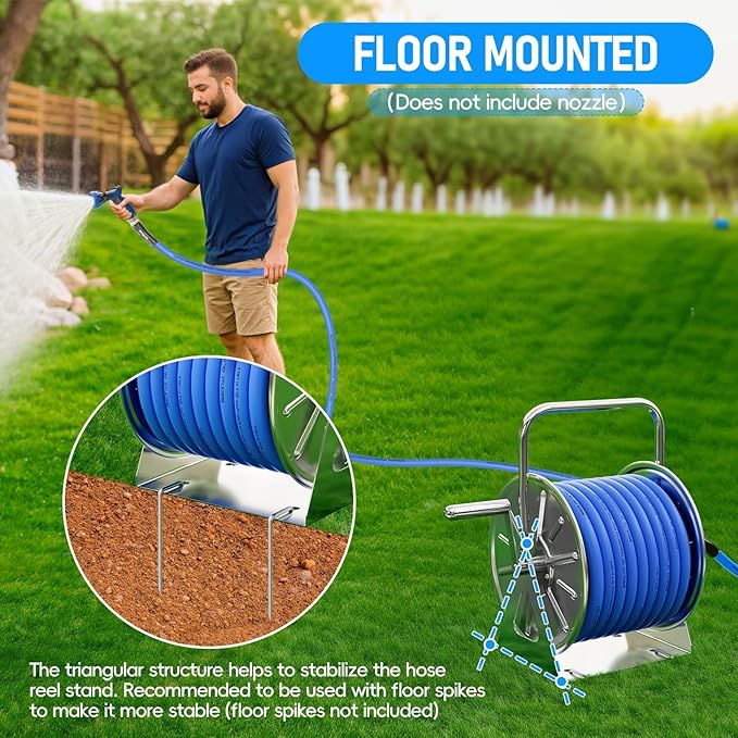 SPECILITE Stainless Steel Garden Hose Reel with 5/8'' x Hot/Cold 75 FT Water Hose and 6FT Leader Pipe, -50℉ -190℉, Wall/Floor Metal Mounted Spool Storage, UV Resistantfor Outside, Yard, Patio