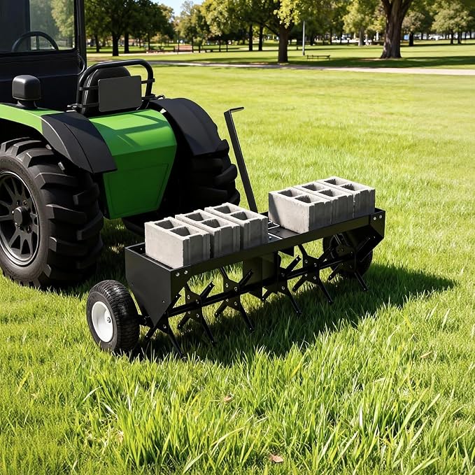 40 Inch Tow Behind Lawn Plug Aerator,100LBS Capacity Yard Aerator with Universal Hitch &10" Tires, Heavy Duty Aerator Lawn Tool Tow Behind, Steel Core Aerator for Garden Farm Yard Lawn Care