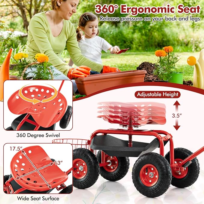 Goplus Rolling Garden Seat with Wheels, Outdoor Gardening Scooter with 360° Swivel Seat, Tool Tray & Basket, Adjustable Steering Handle for Lawn, Gardening Stool, Garden Cart for Planting