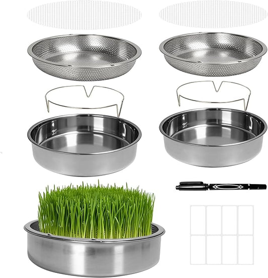 2 Pack 304 Stainless Steel Seed Sprouter Trays, 2-Tier Soil-Free Microgreens Growing Kit, Rust-Free Round Sprouting Tray with Mesh Pads for Sprouts Beans Alfalfa Wheatgrass