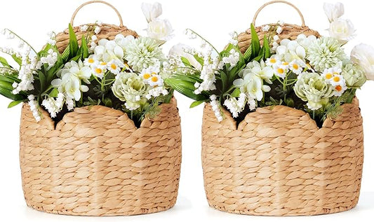 2 PC Door Basket Scalloped Hanging Storage Basket,Water Hyacinth Woven Wall Baskets for Front Door Decor, Hangable Storage Organize for Flowers,Planter,Mails,Wicker Baskets for Organizing Garden - L*2