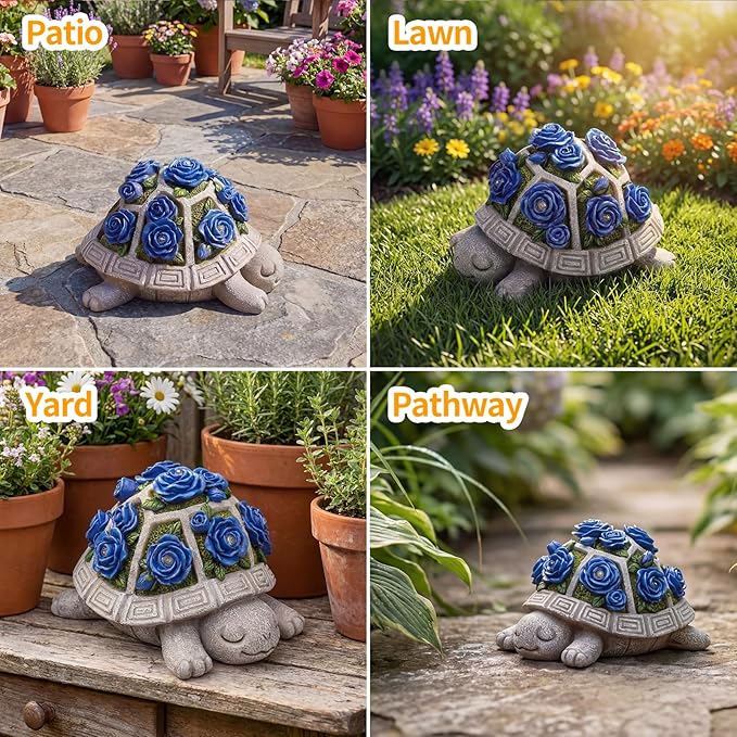 Solar Garden Outdoor Decor Turtle Statue with Dark Blue Roses & 7 LED Lights – Outside Tortoise Decor for Yard Patio Balcony & Backyard - Home House Decoration Art - Gift for Men Dad Women Mom