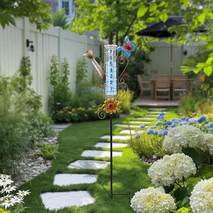 WONDER GARDEN Rain Gauge Outdoor, Decorative Kettle-Shape Rain Gauges Outdoors Best Rated, Freeze Proof Glass Water Rain Measure Gauge with Butterfly for Yard Patio Lawn Decor