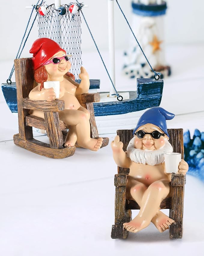 iStatue Funny Gnomes in Rocking Chair - 2 Pack Resin Middle Finger Decor Collectible Naked Gnome Figurines - Naughty Gifts for Garden, Home and Office