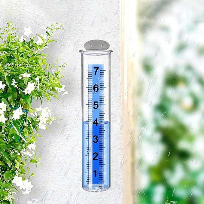 Rain Gauge Outdoor, 7" Large Capacity Rain Gauge Replacement Tube with Stainless Steel Mounting Rack Holder, Clear Numbers, Rain Gauges Outdoors Best Rated for Garden Lawn Yard Fence Patio Farm