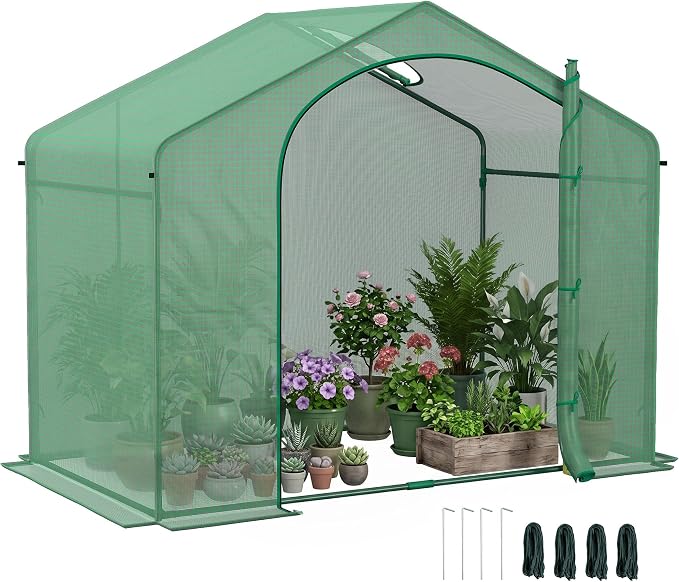 Outsunny 6' x 3' x 5' Portable Walk-in Greenhouse, PE Cover, Steel Frame Garden Hot House, Zipper Door, Top Vent for Flowers, Vegetables, Saplings, Tropical Plants, Green