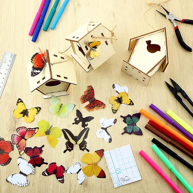 Outus 24 Pcs Wooden DIY Birdhouse Kits for Kids to Build, 4 Shapes Birdhouse Kit Wooden Unfinished with Butterfly Sticker for Boy Girl Arts Crafts(Vintage)