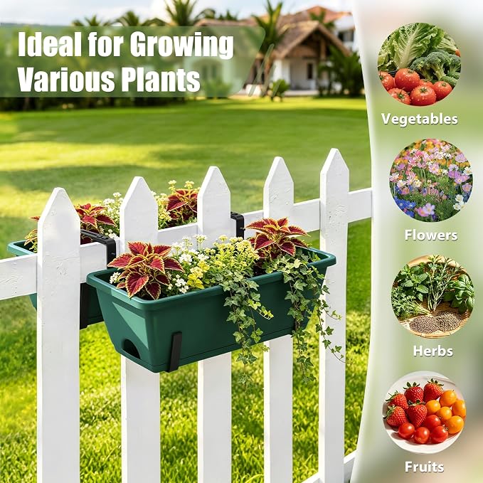 Sunexinlo 4-Pack Railing Planter Boxes with Double-Sided Adjustable Brackets, Plastic Rectangular Flower Boxes with Drainage Holes and Trays for Outdoor Balcony, Deck, Patio, Porch, Fence, Green