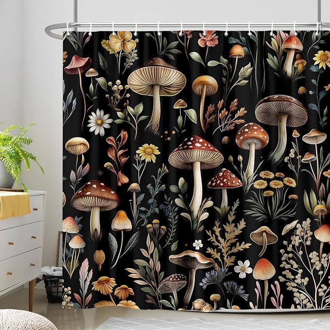 Vintage Mushroom Shower Curtain, Witchy Aesthetic Black Boho Floral Retro Botanical Shower Curtain Set, Fairy Dark Wildflower Plant Decorative Farmhouse Bathroom Accessories Curtain with Hook 72X78IN