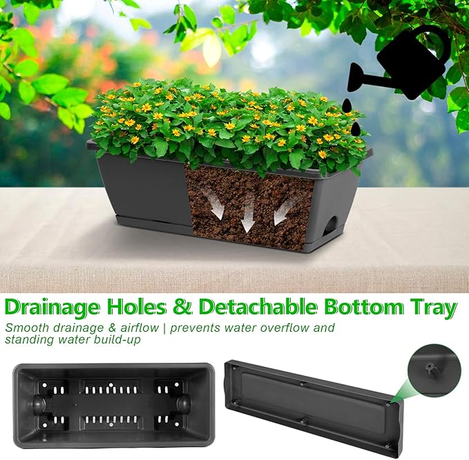 OYEAL Deck Railing Planter Boxes Set of 2 Over Fence Planters for Outdoor Plants, Hanging Window Planter Boxes with Adjustable Brackets, 6 Plastic Flower Boxes, Grey