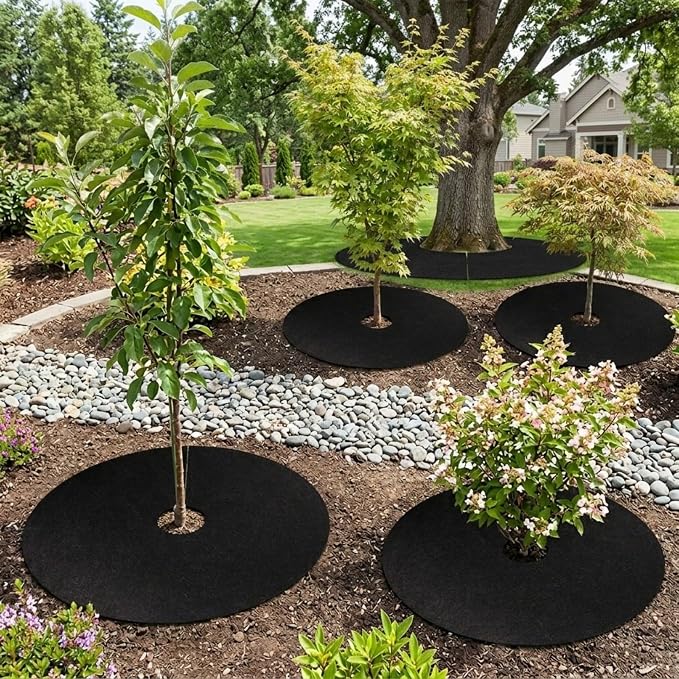 4 Pack 40.15 Inch Non-Woven Tree Mulch Ring - Degradable Tree Protector Mat, Biodegradable & Reusable Tree Mulching Ring for Landscaping, Weed Control, and Root Protection（Black）
