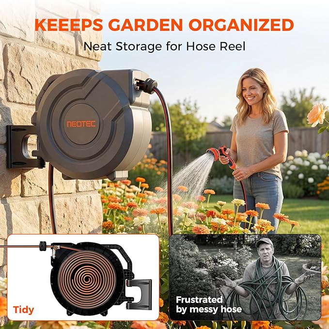 Upgraded Retractable Garden Hose Reel 1/2 inch x 130 ft 9 Pattern Nozzle Wall-Mounted Any Length Lock Automatic Slow Return 180° Swivel UV Resistant Heavy Duty Hose Reels for Outside