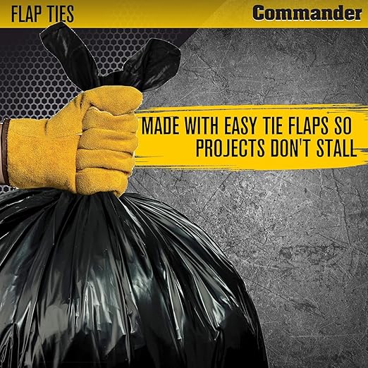 Commander 55 Gallon 2 MIL (eq) Heavy Duty Contractor Bags with Flap Ties - 36" x 56" with flaps - Pack of 20 - For Contractor, Industrial, & Outdoor