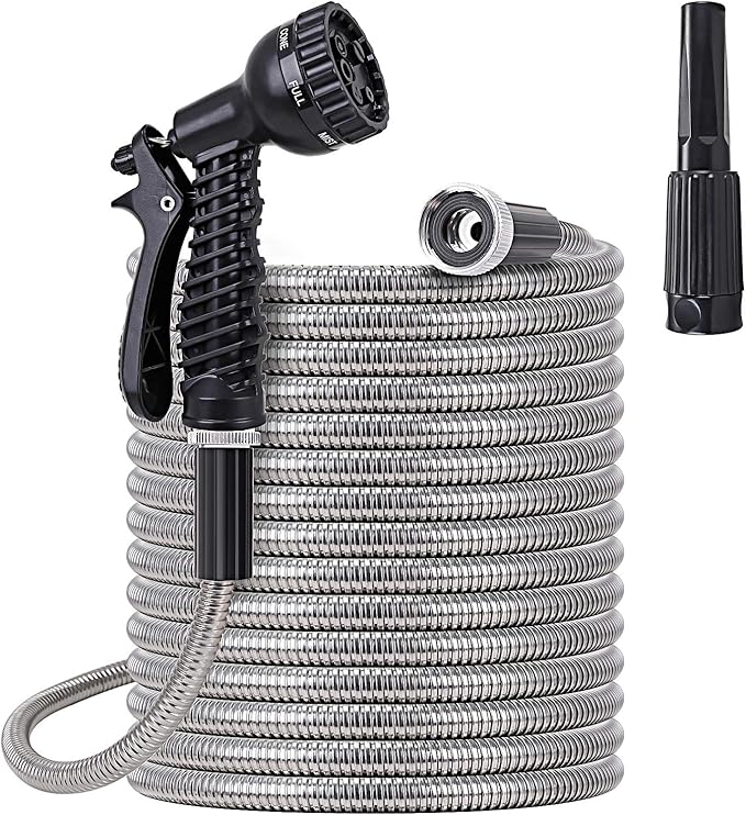 Metal Water Hose 25 ft - Stainless Steel Water Hose with 2 Nozzles, Lightweight, Tangle Free & Kink Free, Heavy Duty, High Pressure, Flexible, Dog Proof