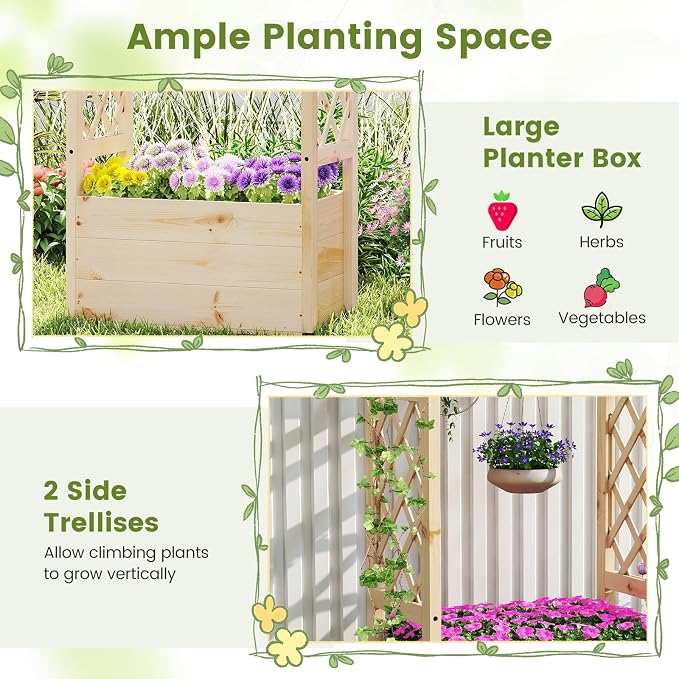 Giantex Raised Garden Bed with Sided Trellis & Hanging Roof, Wood Planter Box, Freestanding Garden Planter Raised Bed for Flowers Herbs Climbing Vines 31”x16”x41” (L x W x H)