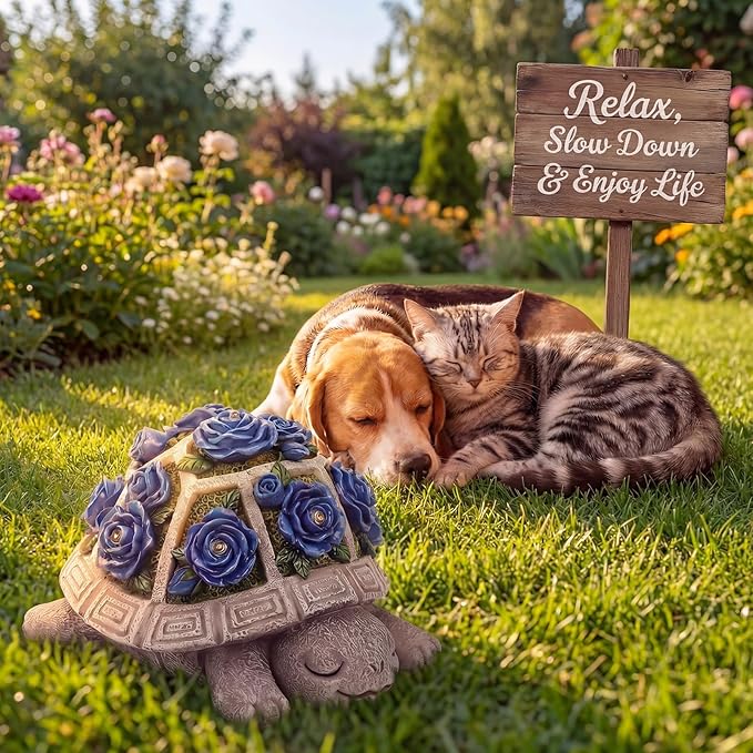 Solar Garden Outdoor Decor Turtle Statue with Dark Blue Roses & 7 LED Lights – Outside Tortoise Decor for Yard Patio Balcony & Backyard - Home House Decoration Art - Gift for Men Dad Women Mom