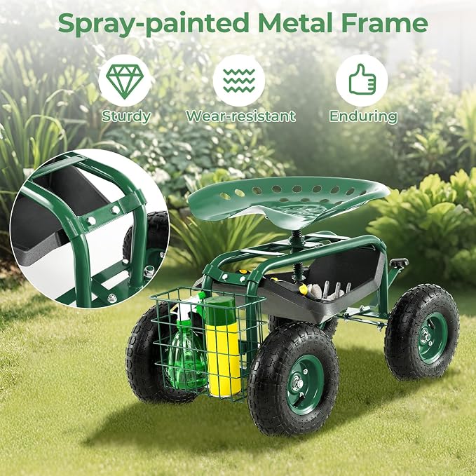 DORTALA 4-Wheel Rolling Garden Cart Work Seat with 360 Swivel & Height Adjustable Seat, Heavy Duty Planting Cart with Storage Basket, Green