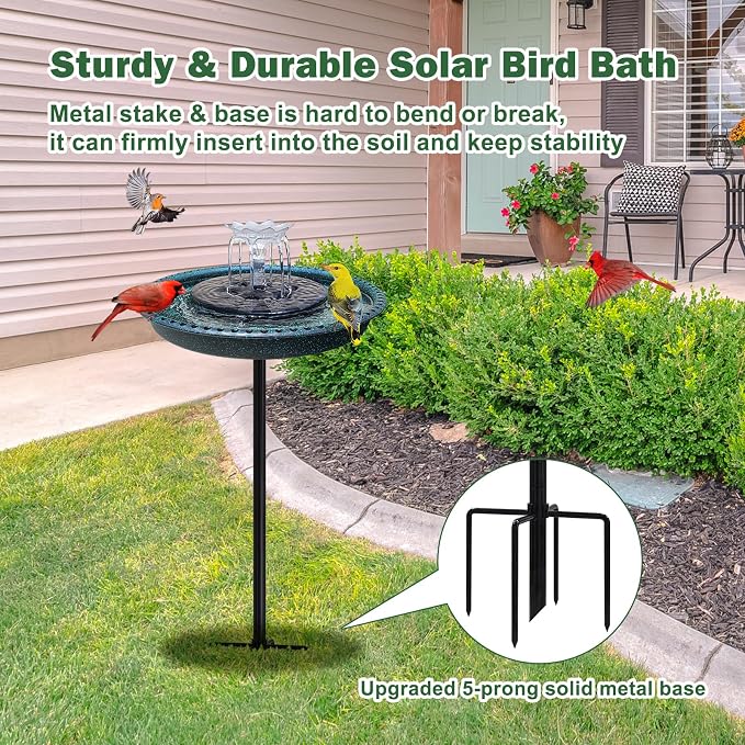 Bird Bath with Solar Fountain, Durable 5-Prong Base Solar Bird Bath with Stable Metal Stake, Detachable Solar Powered Bird Baths for Garden Outdoor Yard Lawn, Spotted Green