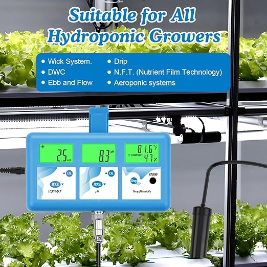 Hydroponic ppm pH Monitor, WiFi 6 in 1 pH EC Meter for Hydroponics Growing System,Continuous Monitoring pH PPM EC CF Humidity Temp of DWC Grow System Water Reservoir Tank Aeroponic Garden Aquarium