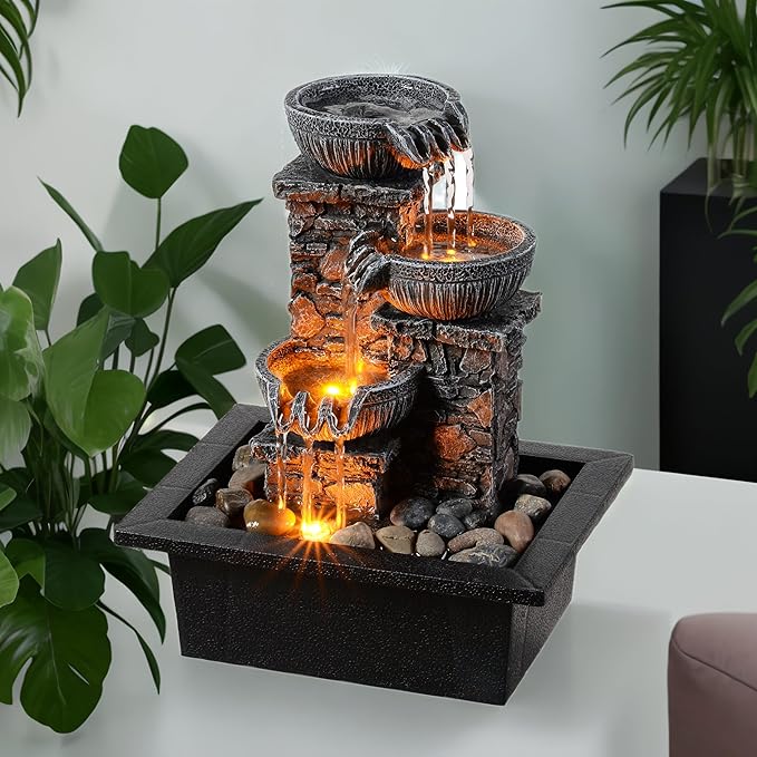 Kalona Tabletop Waterfall Fountain 3 Bowls with LED Light, Soothing Water Flow Sound, Zen Meditation Decor for Home and Office, Relaxation Water Fountains Indoor (23113)