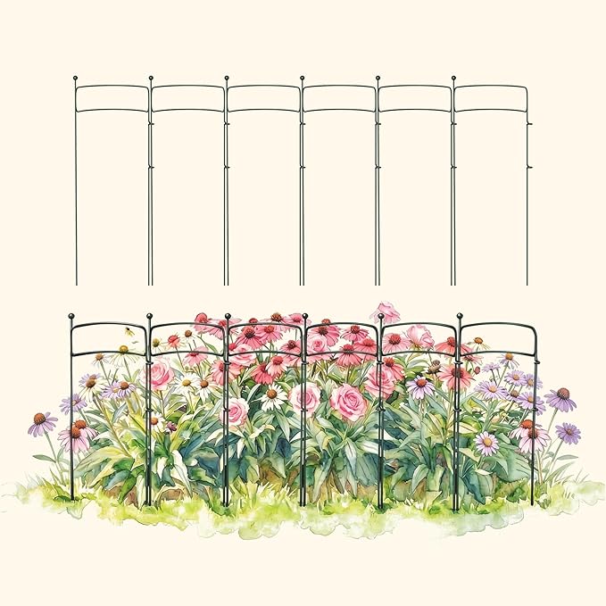 6 Pack Curved Plant Support Stakes, Dual Half Round Metal Garden Plant Stake, Peony Cages and Supports, 10"(W) x 34" (H) Flower Support Ring for Peonies, Hydrangea