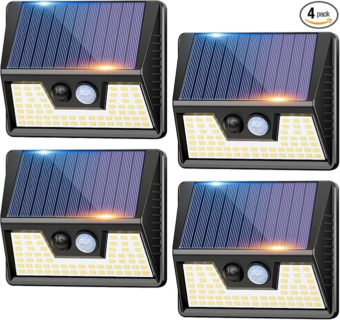 vighep 4 Pack Solar Motion Lights Outdoor, Waterproof Fence Lights Solar Powered with 3 Lighting Mode, Cold White LED Step Light for Outside Wall Yard Deck Stairs Garden - Black