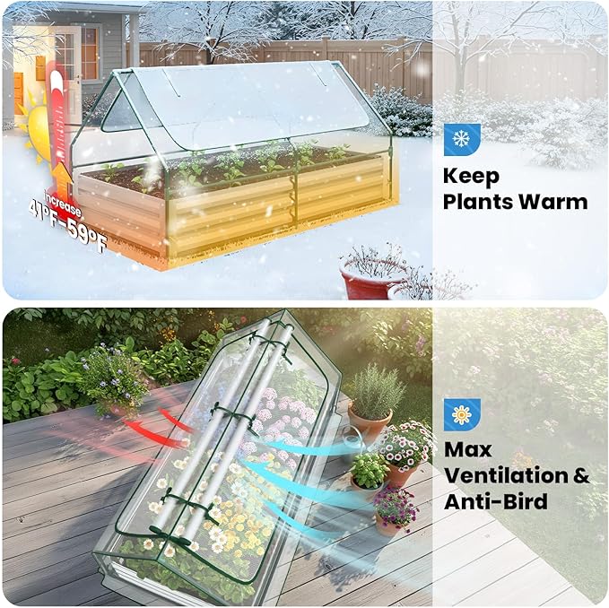 Quictent Raised Garden Bed with Cover Outdoor Galvanized Metal Planter Box Kit, w/ 2 Large Screen Windows Mini Greenhouse 20pcs T Tags 1 Pair of Gloves Included for Growing Vegetables 6x3x1ft (Clear)